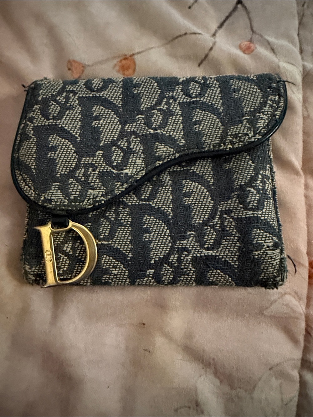 Dior Navy and Beige Monogram Fold Wallet with Gold 'D' Charm